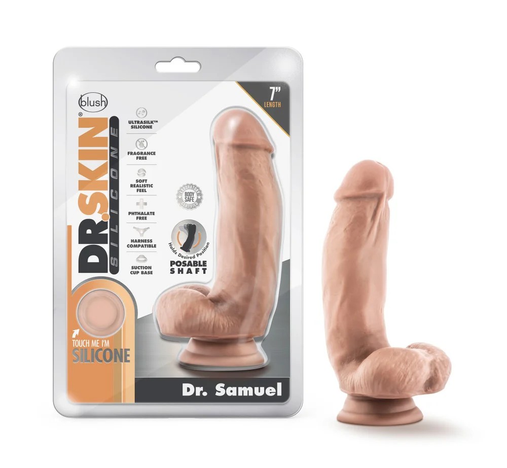 Dr. Skin Silicone By Blush® | Dr. Samuel Realistic Vanilla 7-Inch Long Dildo With Balls & Suction Cup Base